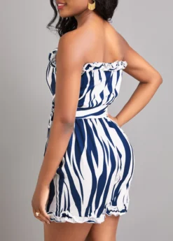 Navy Frill Striped Short Belted Sleeveless Bandeau Romper -Elegance Swimwear Store 330708 P 16813832609121