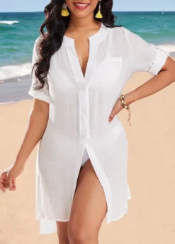 Button Pocket Split White Cover Up -Elegance Swimwear Store 330781 P 16838876038213