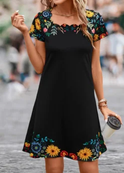 Black Patchwork Floral Print Shift Dress -Elegance Swimwear Store 330828 P 16835416056442