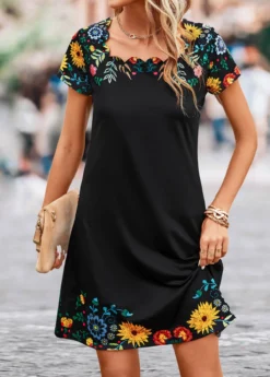Black Patchwork Floral Print Shift Dress