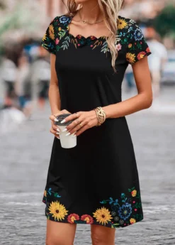 Black Patchwork Floral Print Shift Dress -Elegance Swimwear Store 330828 P 16835416056705