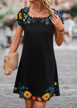Black Patchwork Floral Print Shift Dress -Elegance Swimwear Store 330828 P 16835416059023