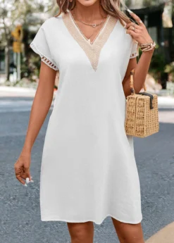 V Neck White Patchwork Shift Dress -Elegance Swimwear Store 330829 P 16833405133063