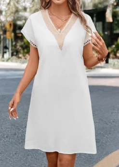 V Neck White Patchwork Shift Dress -Elegance Swimwear Store 330829 P 16833405137882