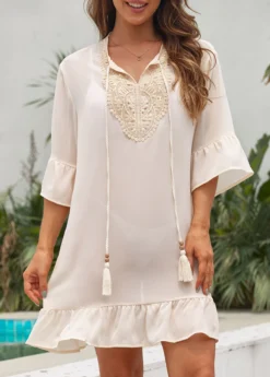 Tassel Patchwork Ruffle Beige Cover Up -Elegance Swimwear Store 330835 P 16823254364452
