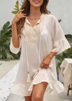Tassel Patchwork Ruffle Beige Cover Up
