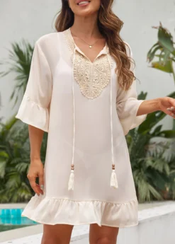 Tassel Patchwork Ruffle Beige Cover Up -Elegance Swimwear Store 330835 P 16823254368183