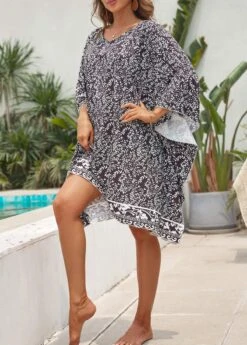 Leaf Print Black Contrast Cover Up -Elegance Swimwear Store 330836 P 16823254685743