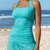 Patchwork Mid Waisted Cyan Tankini Set