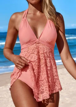 Lace Mid Waisted Pink Swimdress And Panty