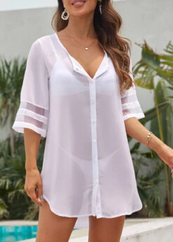 Button White Mesh Stitching Cover Up 7 Button White Mesh Stitching Cover Up -Elegance Swimwear Store 331083 P 16823255247502