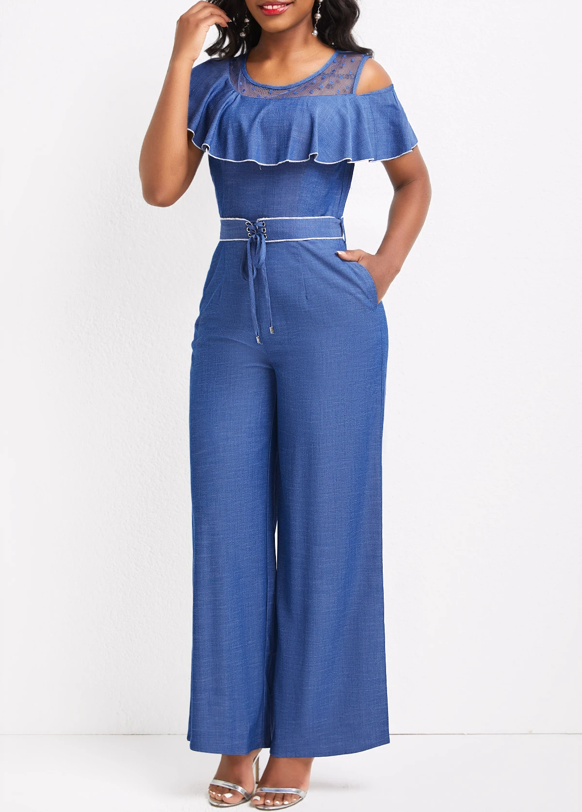 Denim Blue Ruffle Ankle Length Short Sleeve Jumpsuit 3 Denim Blue Ruffle Ankle Length Short Sleeve Jumpsuit - Image 3