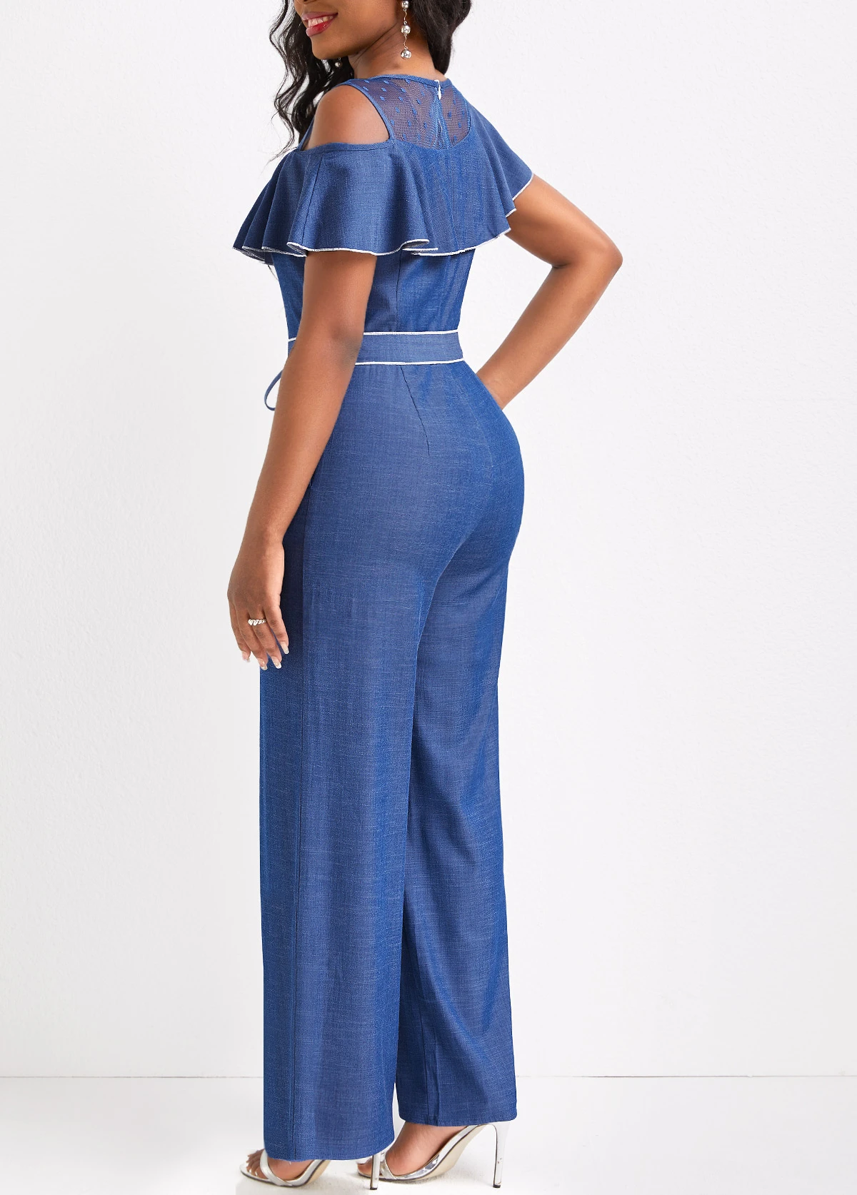 Denim Blue Ruffle Ankle Length Short Sleeve Jumpsuit 2 Denim Blue Ruffle Ankle Length Short Sleeve Jumpsuit - Image 2