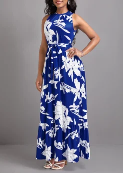 Blue Tie Leaf Print Belted Sleeveless Maxi Dress -Elegance Swimwear Store 331393 P 16825077040894