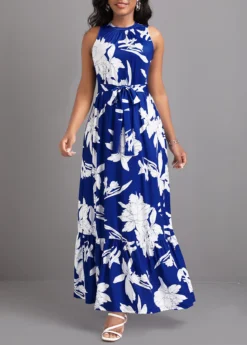 Blue Tie Leaf Print Belted Sleeveless Maxi Dress -Elegance Swimwear Store 331393 P 16825077042723