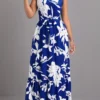 Blue Tie Leaf Print Belted Sleeveless Maxi Dress