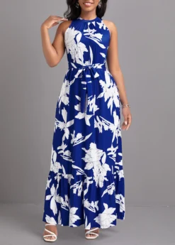 Blue Tie Leaf Print Belted Sleeveless Maxi Dress