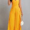 Yellow Split Ankle Length Sleeveless Heart Collar Jumpsuit