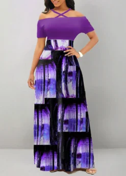 Purple Criss Cross Ombre Short Sleeve Maxi Dress