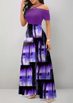 Purple Criss Cross Ombre Short Sleeve Maxi Dress -Elegance Swimwear Store 331571 P 1683797259956