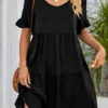 Black Ruched A Line Half Sleeve Dress