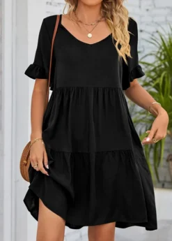 Black Ruched A Line Half Sleeve Dress