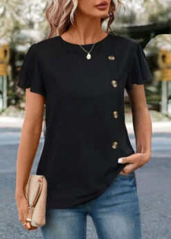 Plus Size Black Button Short Sleeve T Shirt