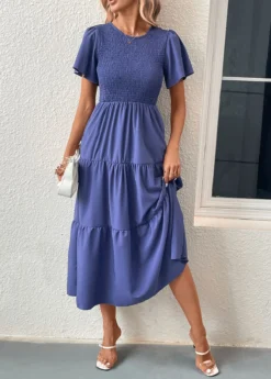 Blue Smocked Short Sleeve Round Neck Dress 9 Blue Smocked Short Sleeve Round Neck Dress -Elegance Swimwear Store 331696 P 16831817472494