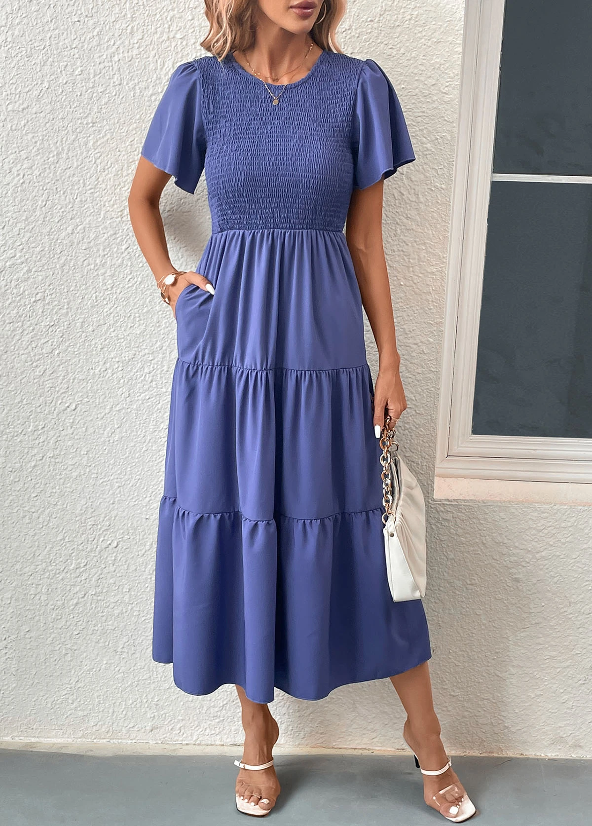 Blue Smocked Short Sleeve Round Neck Dress 4 Blue Smocked Short Sleeve Round Neck Dress - Image 4