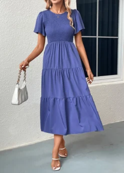 Blue Smocked Short Sleeve Round Neck Dress 7 Blue Smocked Short Sleeve Round Neck Dress -Elegance Swimwear Store 331696 P 16831817475202
