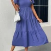 Blue Smocked Short Sleeve Round Neck Dress