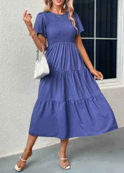 Blue Smocked Short Sleeve Round Neck Dress