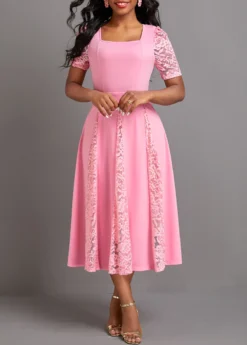 Pink Patchwork Half Sleeve Square Neck Dress -Elegance Swimwear Store 331862 P 16926885511655