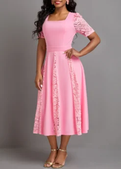 Pink Patchwork Half Sleeve Square Neck Dress -Elegance Swimwear Store 331862 P 16926885515622