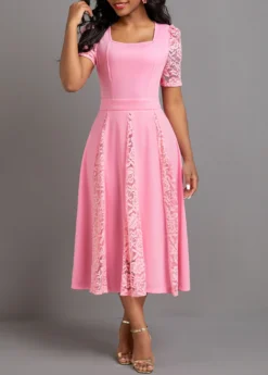 Pink Patchwork Half Sleeve Square Neck Dress -Elegance Swimwear Store 331862 P 16926885519463