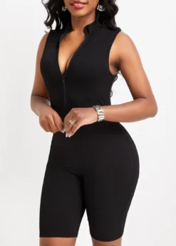 Black Zipper Short Sleeveless Skinny Romper -Elegance Swimwear Store 331918 P 16832837860802