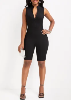 Black Zipper Short Sleeveless Skinny Romper -Elegance Swimwear Store 331918 P 16832837863244