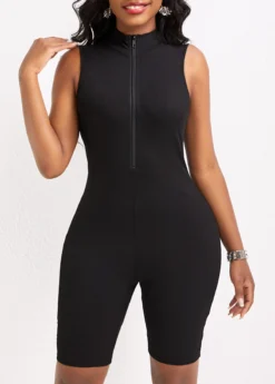 Black Zipper Short Sleeveless Skinny Romper -Elegance Swimwear Store 331918 P 16832837868363