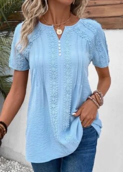 Plus Size Light Blue Patchwork Short Sleeve Blouse -Elegance Swimwear Store 331971 P 16854384582686