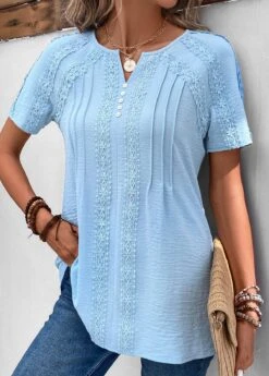 Plus Size Light Blue Patchwork Short Sleeve Blouse -Elegance Swimwear Store 331971 P 16854384582862