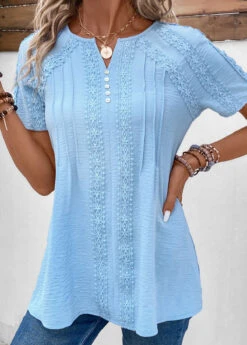 Plus Size Light Blue Patchwork Short Sleeve Blouse -Elegance Swimwear Store 331971 P 16854384585154