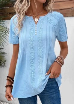 Plus Size Light Blue Patchwork Short Sleeve Blouse