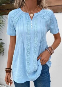 Plus Size Light Blue Patchwork Short Sleeve Blouse -Elegance Swimwear Store 331971 P 16854384589503