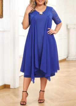 Blue Patchwork Plus Size Short Sleeve Bodycon Dress -Elegance Swimwear Store 332065 P 16881125182635
