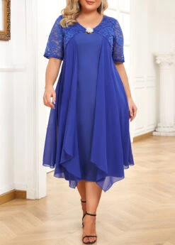 Blue Patchwork Plus Size Short Sleeve Bodycon Dress -Elegance Swimwear Store 332065 P 16881125186294