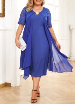 Blue Patchwork Plus Size Short Sleeve Bodycon Dress -Elegance Swimwear Store 332065 P 16881125188222