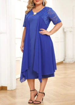 Blue Patchwork Plus Size Short Sleeve Bodycon Dress -Elegance Swimwear Store 332065 P 16881125189383