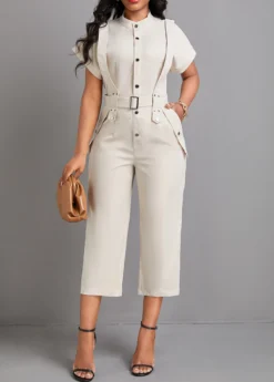 Beige Button Capri Belted Short Sleeve Jumpsuit 8 Beige Button Capri Belted Short Sleeve Jumpsuit -Elegance Swimwear Store 332085 P 16848058790213