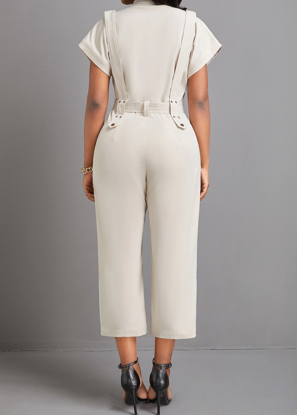 Beige Button Capri Belted Short Sleeve Jumpsuit 2 Beige Button Capri Belted Short Sleeve Jumpsuit - Image 2