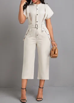 Beige Button Capri Belted Short Sleeve Jumpsuit 9 Beige Button Capri Belted Short Sleeve Jumpsuit -Elegance Swimwear Store 332085 P 16848058794824